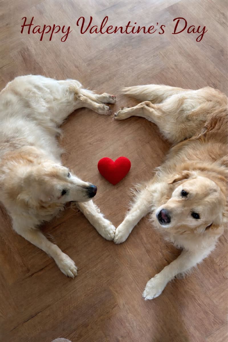 Two golden retrievers lying nose to nose on a wooden floor with a red plush heart between them